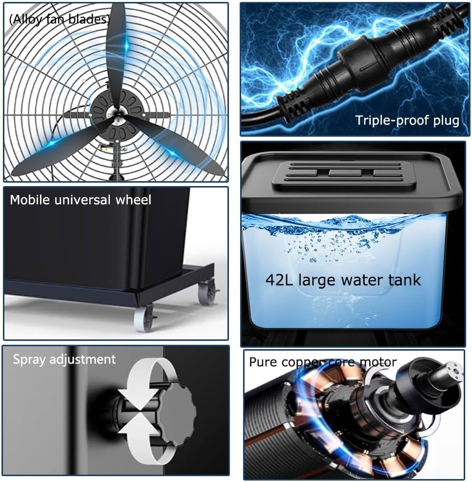 Liftable Misting Fan 65/75cm Outdoor Misting Pedestal Fan 90° Oscillation With 42L Water Tank 3 Cooling Speeds Industrial Standing Spray Fan(30in)