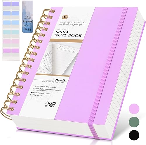 Cuaderno de espiral grueso, 360 páginas con rayas universitarias, diario grueso con forro, A5, de 5.5 x 8.5 pulgadas, con papel de 100 GSM, unisex,