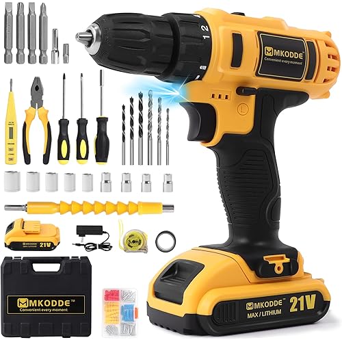 MKODDE 21V Cordless Drill Set, 93-Piece 21V Drill Set, 18+1 Torque Setting and 3/8'' Keyless Chuck, 400 in-lb Torque, 2 Speed,With 1 Lithium-ion Batteries 2.0AH & Fast Charger,for Home Tool Kit