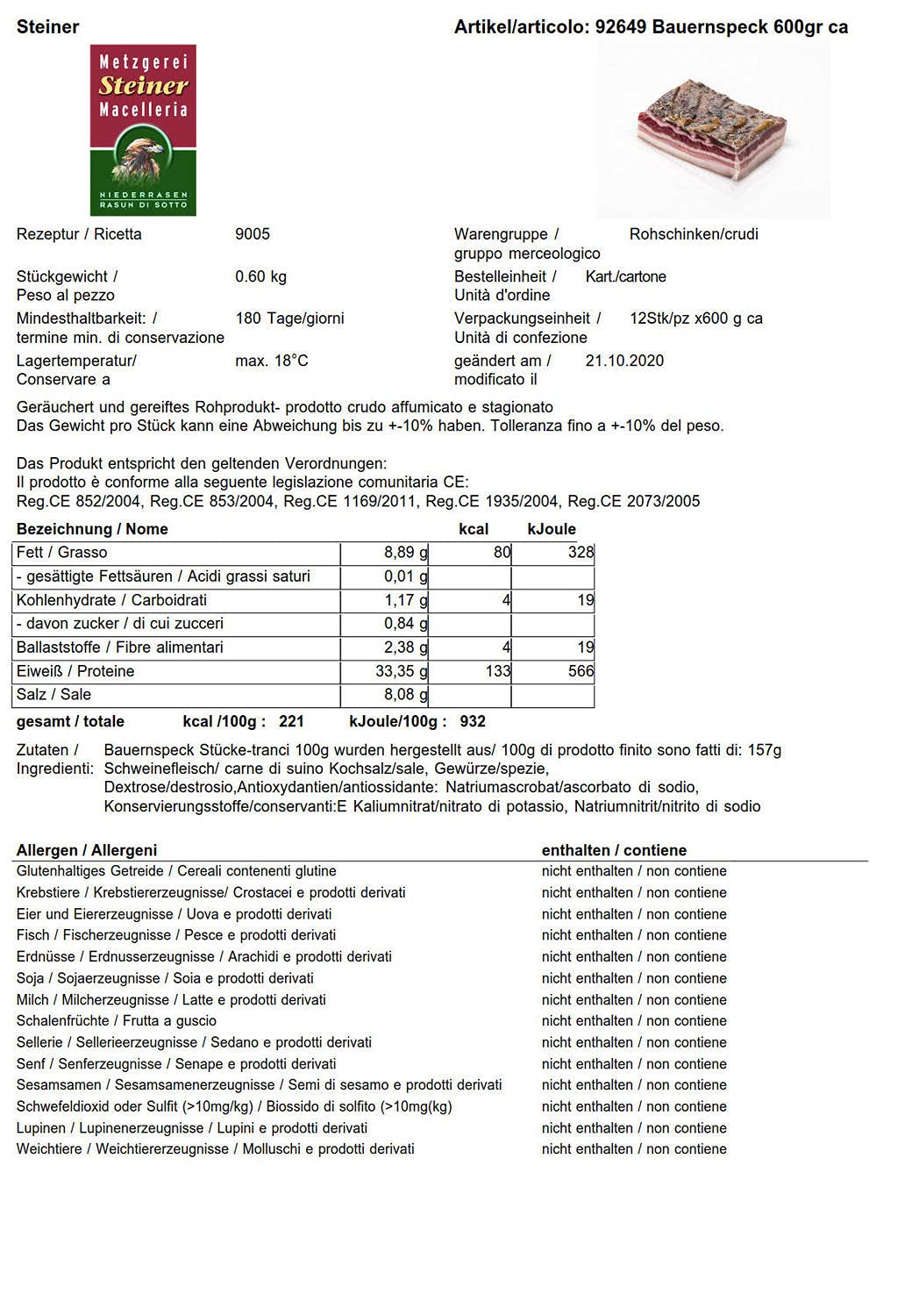 Bauernschinkenspeck Südtiroler Bauernspeck Steiner ca. 1,5 kg.