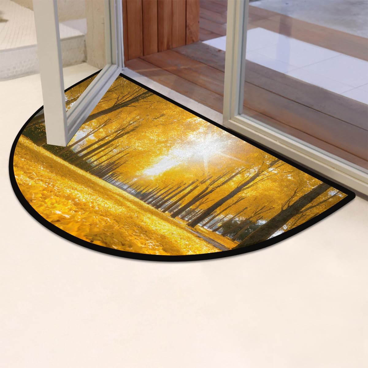 Half Round Door Mat Fall Golden Forest Non Slip Absorbent Semi Circle Area Rugs Washable Half Moon Floor Mats for Indoor Outdoor Patio Kitchen Bathroom Entryway Fireplace Home Carpet Decor