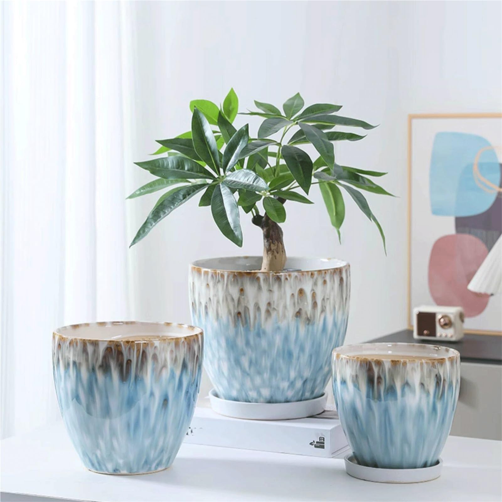 Sadzarki do kwiatów Duża ceramiczna doniczka ze spodkiem, idealna do wystroju domu: wystawienia w salonie(Duży)