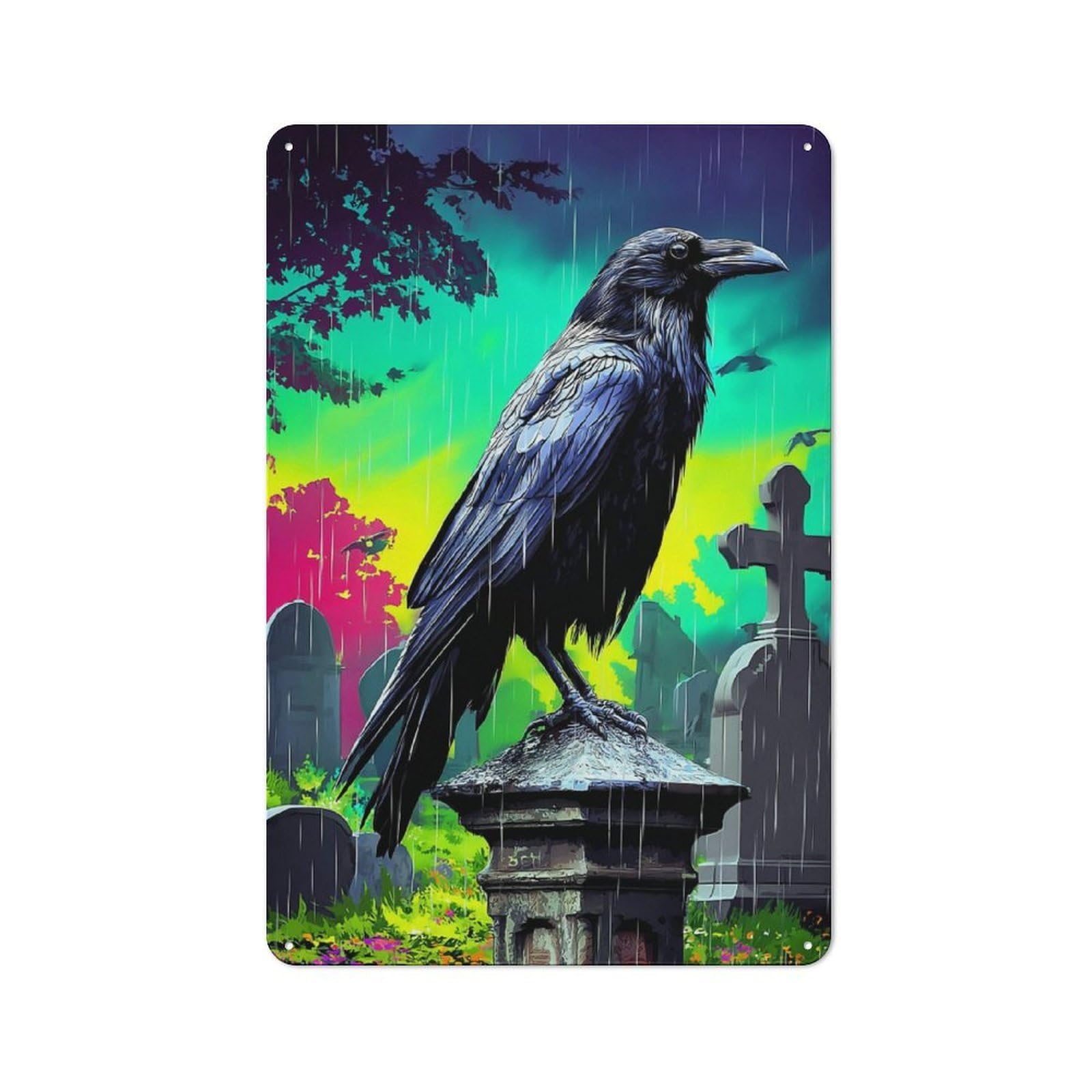 Junmoney Rainy Cemetery Raven Metal Wall Plaque With Design 30X20cm, Old Fashioned Vintage Wall Decor For Living Room, Hallway, Kitchen Or Cafe