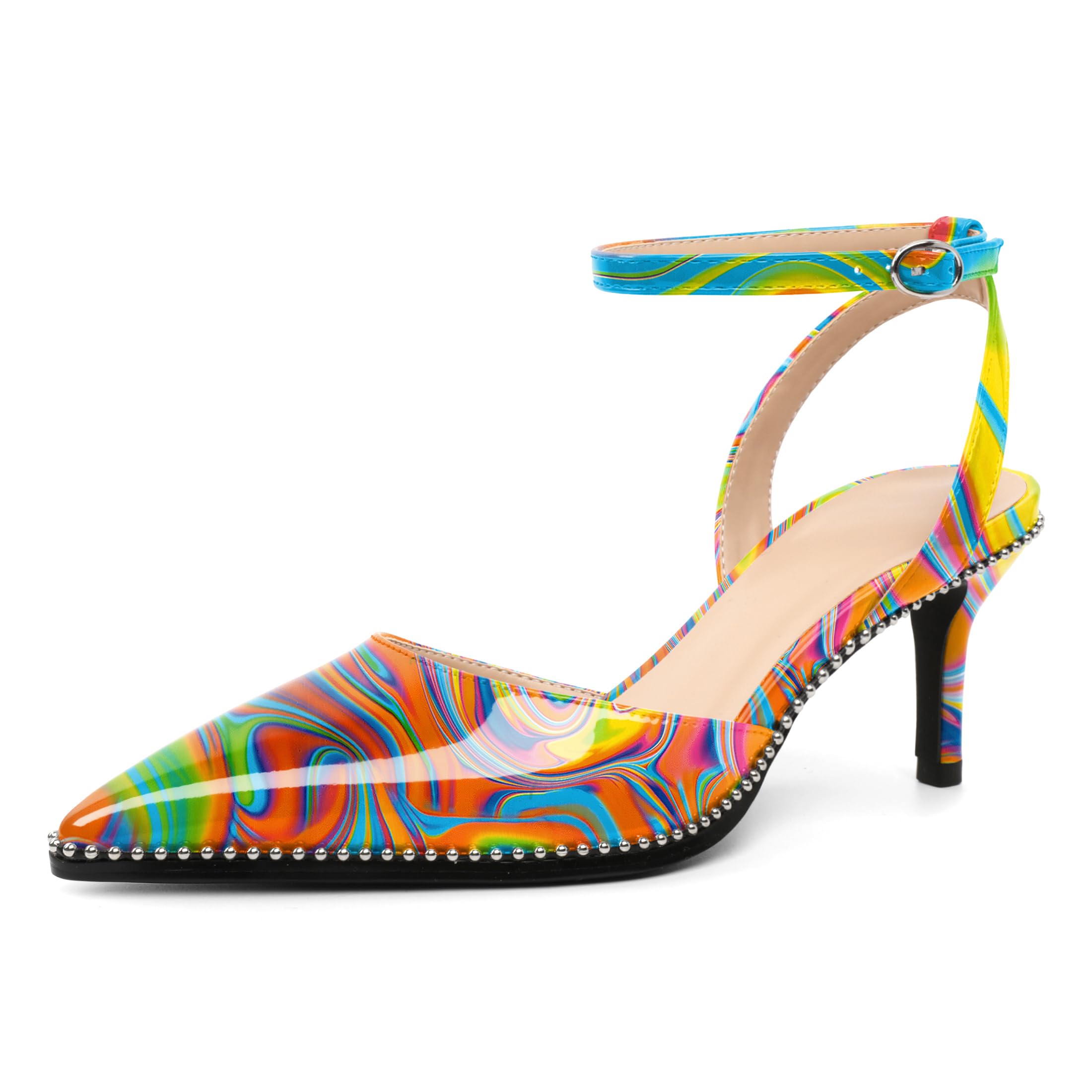 SAMMITOP Kitten Heels for Women Low Heel Closed Toe Ankle Strap Pumps Wedding Party Beaded Dress Shoes 2.4 Inch