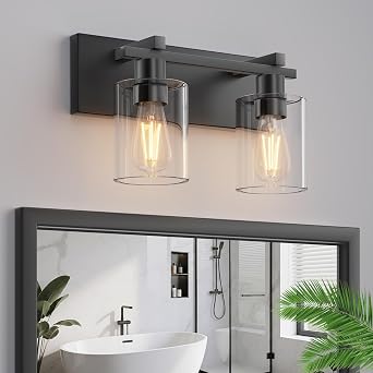 2-Light 13inch Matte Black Vanity Light, Thickened Clear Glass | Over Mirror for Bathroom, Rust Resistant, E26 Base, Easy Install, Removable Glass Shade Horizontal Mount, Dimmable
