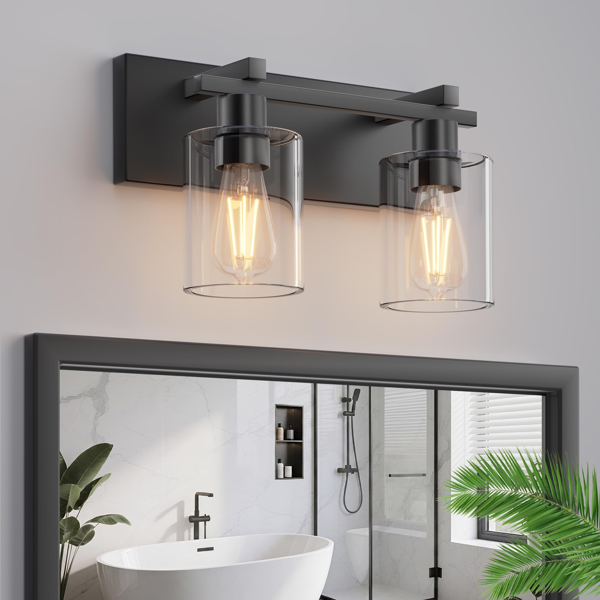 2-Light 13inch Matte Black Vanity Light, Thickened Clear Glass | Over Mirror for Bathroom, Rust Resistant, E26 Base, Easy Install, Removable Glass Shade Horizontal Mount, Dimmable