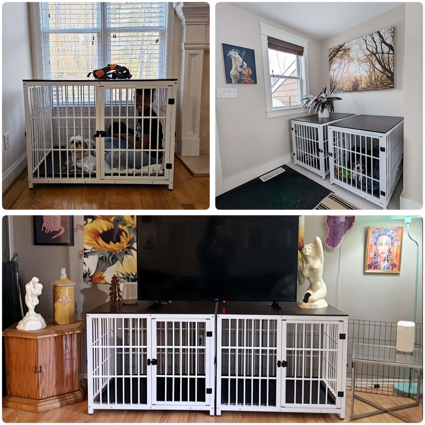 BingoPaw Gabbia Cani per Interno: XL Kennel Cani Taglia Grande in Legno e Metallo Casetta Cane Tavolino per Gabbia con 3 Ante e Vassoio Estraibile - 107x71x81cm, Bianco