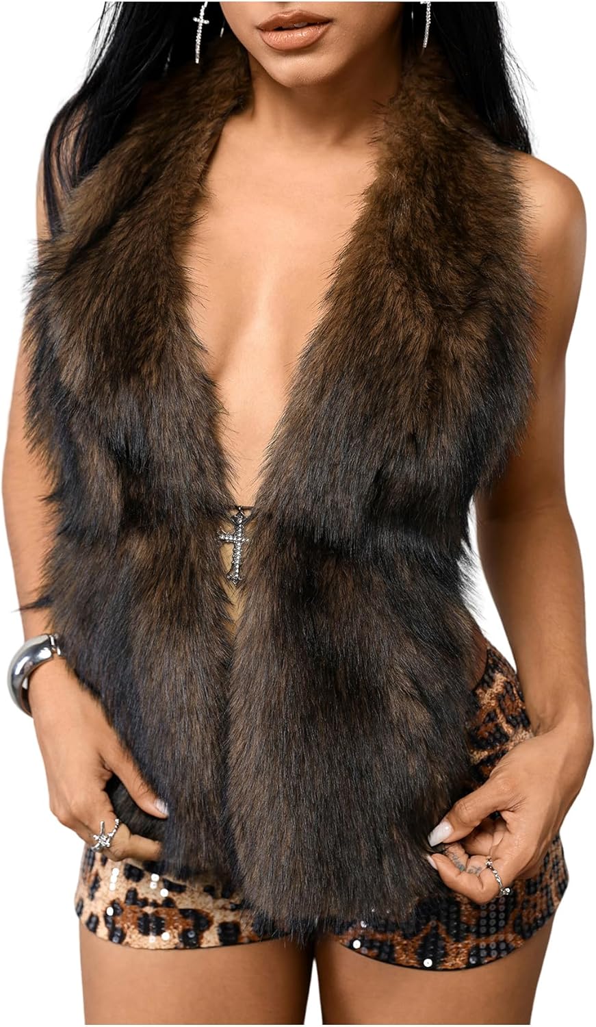 WDIRARA Women's Faux Fur Halter Vest Sleeveless Tie Backless Fuzzy Tank Top Rave Party Sexy Y2K