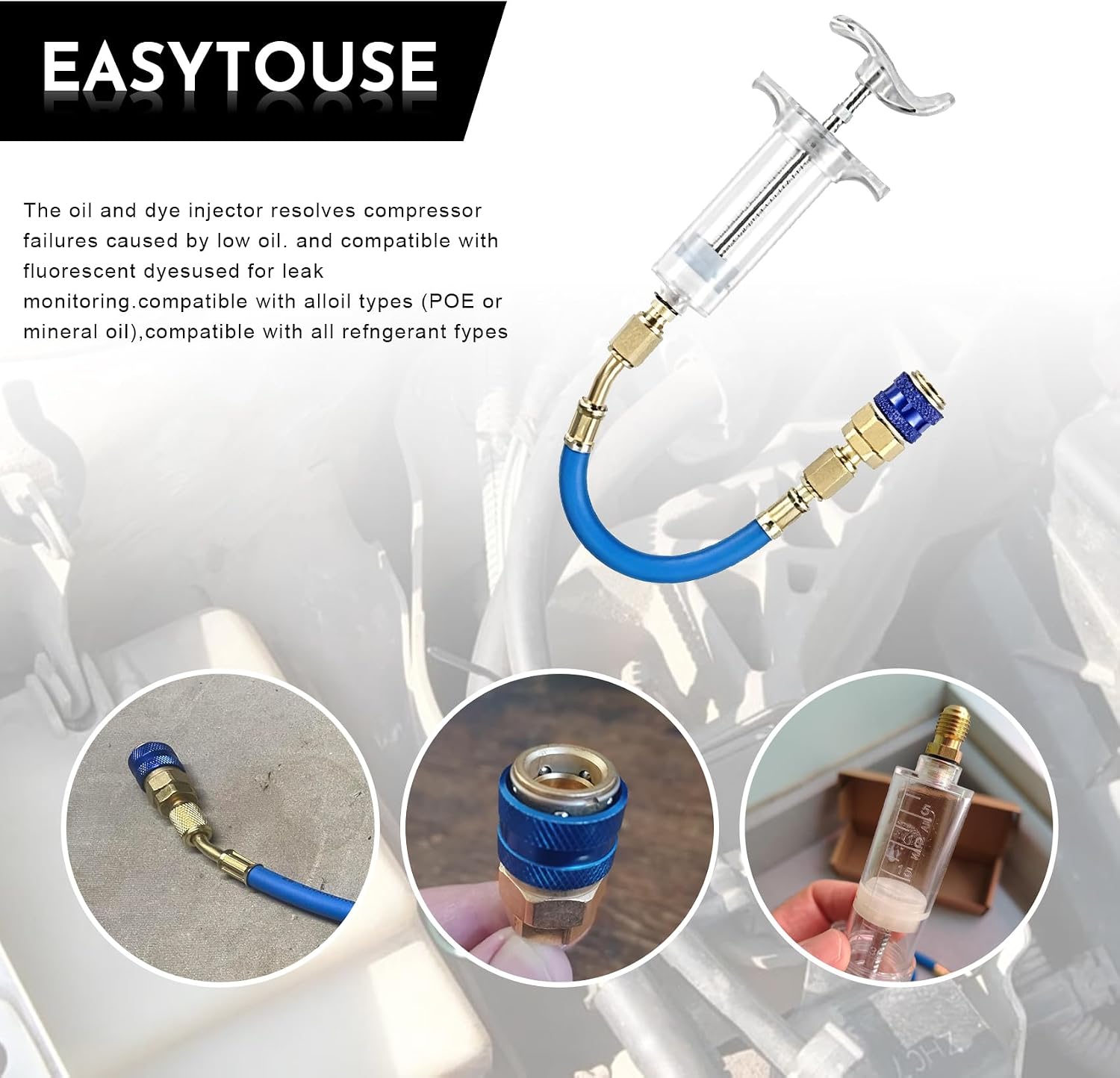 30ml/1 Oz Oil and Dye Injectors Kit, Universal Hand-Push Refrigerant Oil Injection Tool with 1/4 Inch SAE Connector and Quick Coupler, Compatible with R134A, R1234YF, R410A HVAC Systems