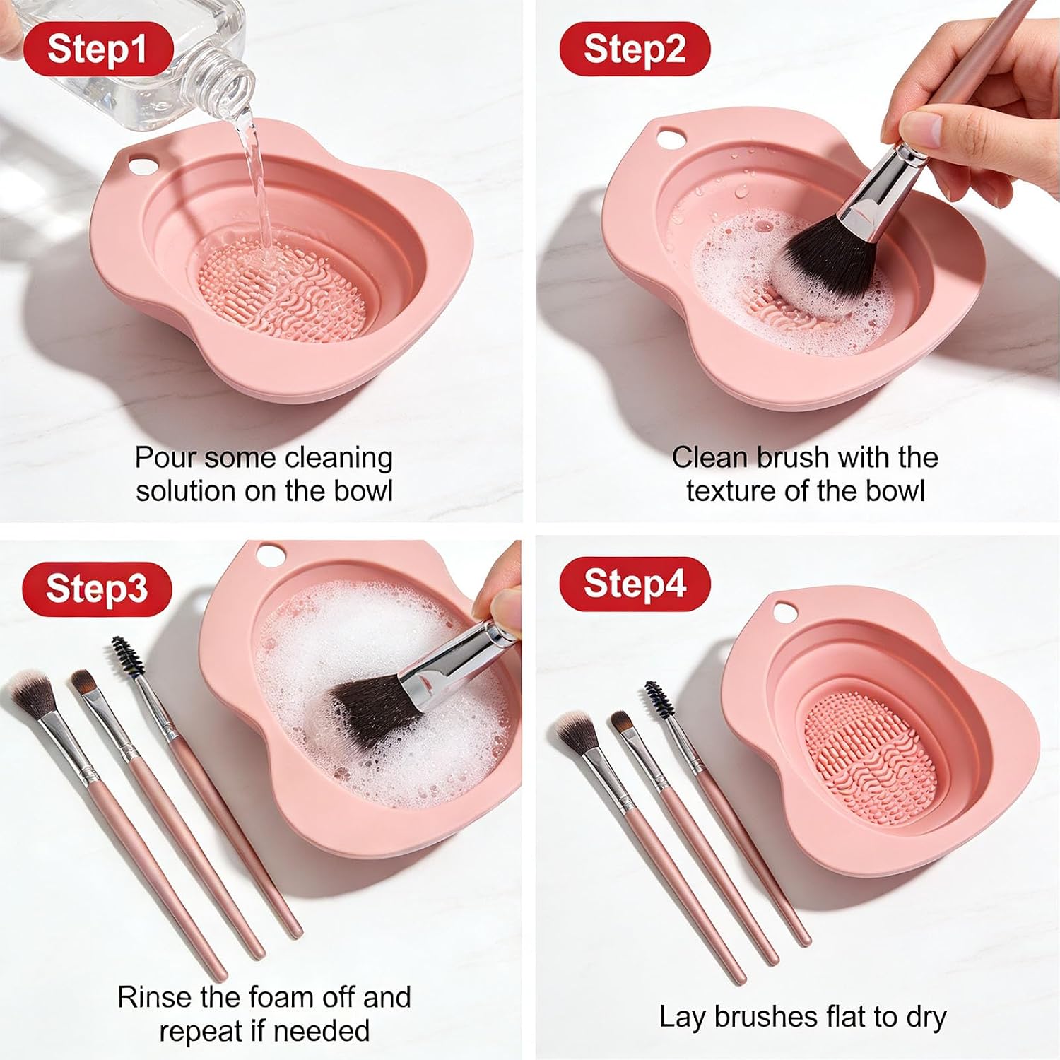Portable Silicone Makeup Brush Cleaner Bowl Foldable Cleaning Mat- Brushes Sponges and Puffs (pink)