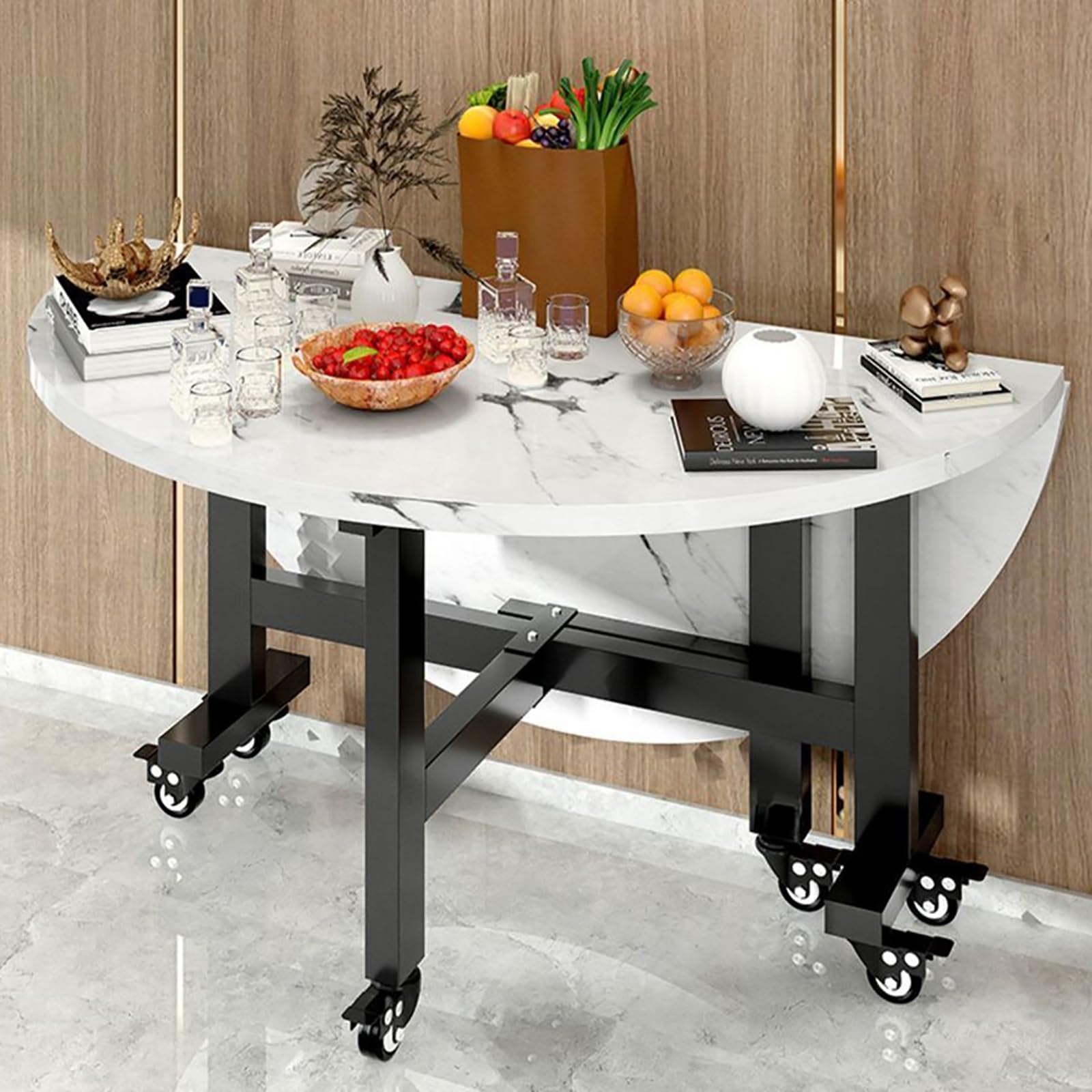 Foldable Dining Table on Wheels - Expandable Round Kitchen Table for Small Spaces Sturdy Metal Frame Space-Saving Design for 4-8 People Perfect for Compact Living