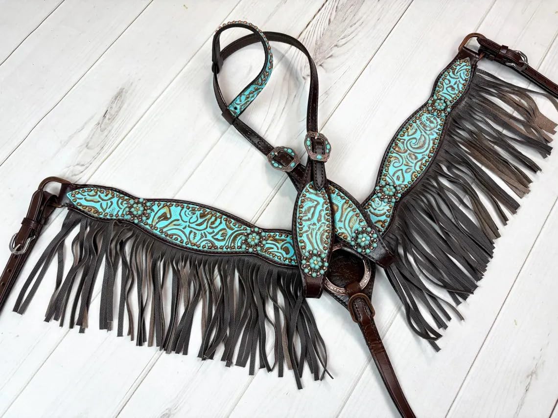 Western Leather Hand Tooled Headstall and Breast Collar Set with Reins. /Size-Full,Cob,Pony AA-07