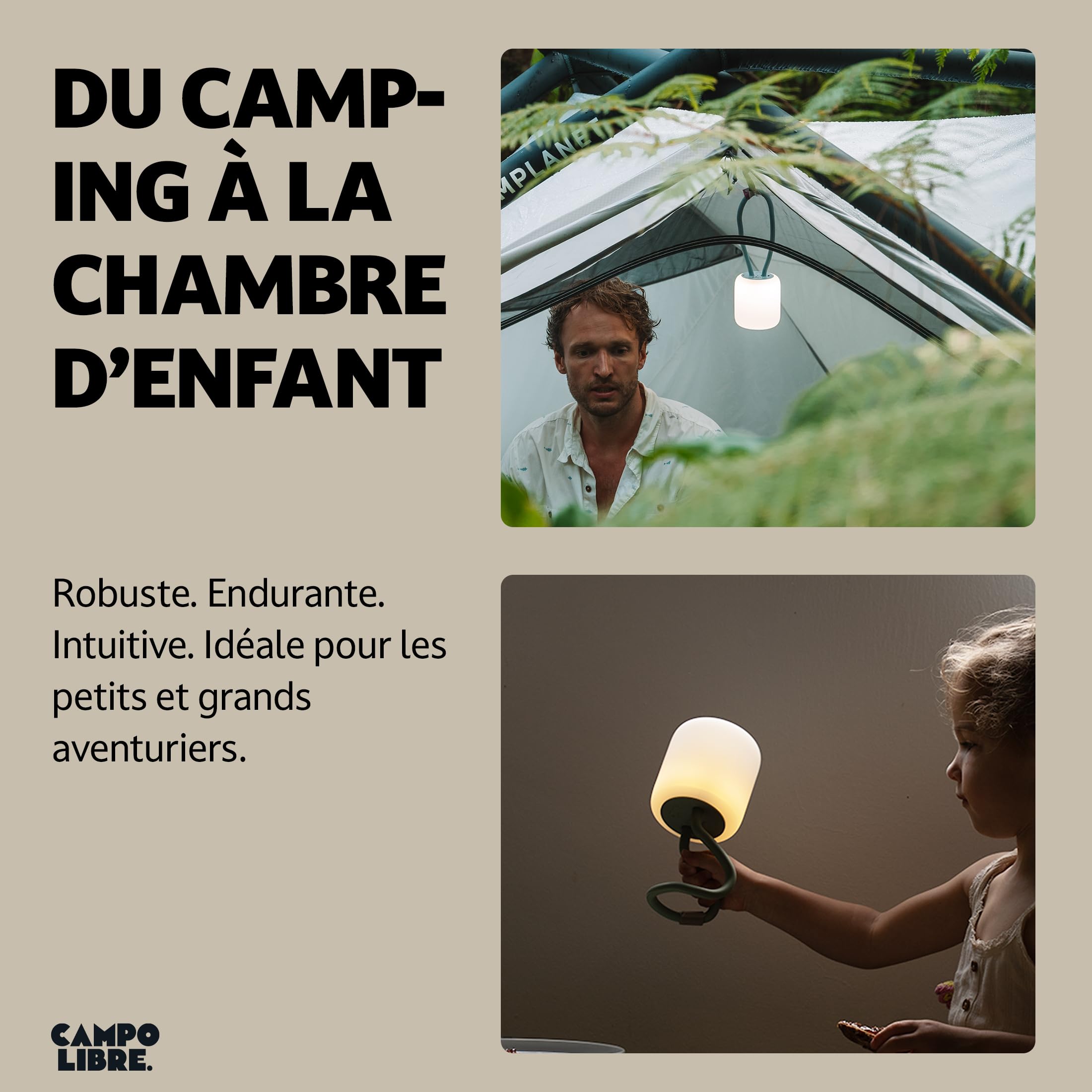 Campo Libre.® LENI Lampe de Camping – Lumiere Exterieure avec Poignée Flexible, Lampe LED Dimmable, Lanterne IPX4, 200 h d’Autonomie, Coque SqueezeShell Incassable, Recharge USB-C, Rectangle, Gris