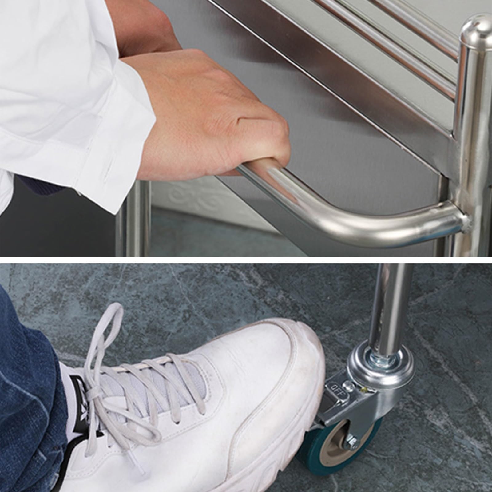 Carrello da laboratorio con ruote, in acciaio inox, a 2 ripiani, con ruote silenziose a 360° e cassetto per laboratorio, clinica, cucina, salone
