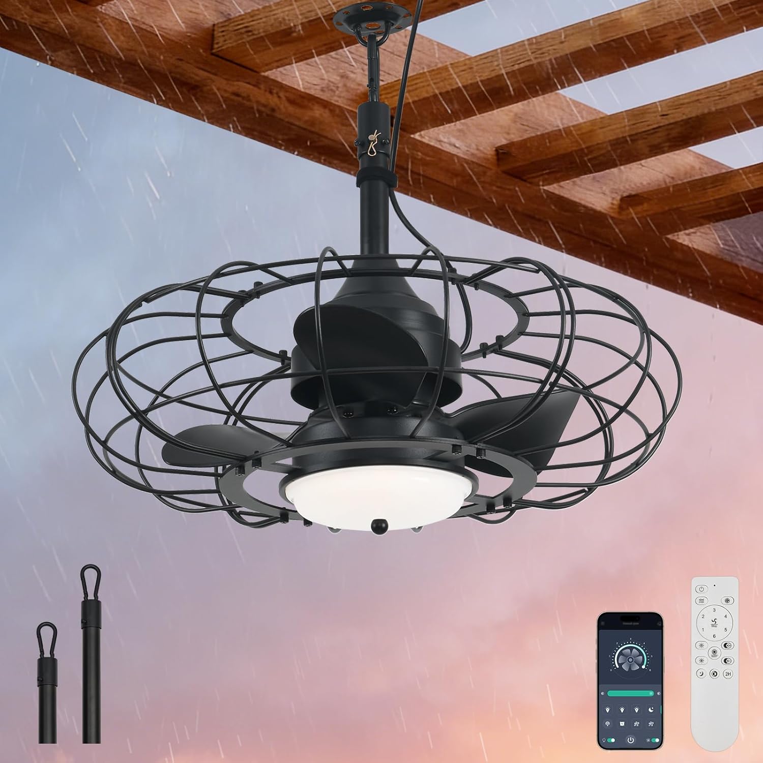 AHAWILL Outdoor Ceiling Fan with Light,20in Gazebo Fan with Remote and APP, 6 Speed,Dimmable 3 Color,Waterproof Cage Fan for Patio,Porch, Pergola,Canopy (dark black)