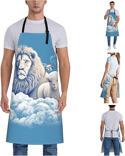 Miniatura 7 de Delantal ajustable con 2 bolsillos, delantal de cordero con un león en las nubes, delantal impermeable para lavavajillas para mujeres y hombres,