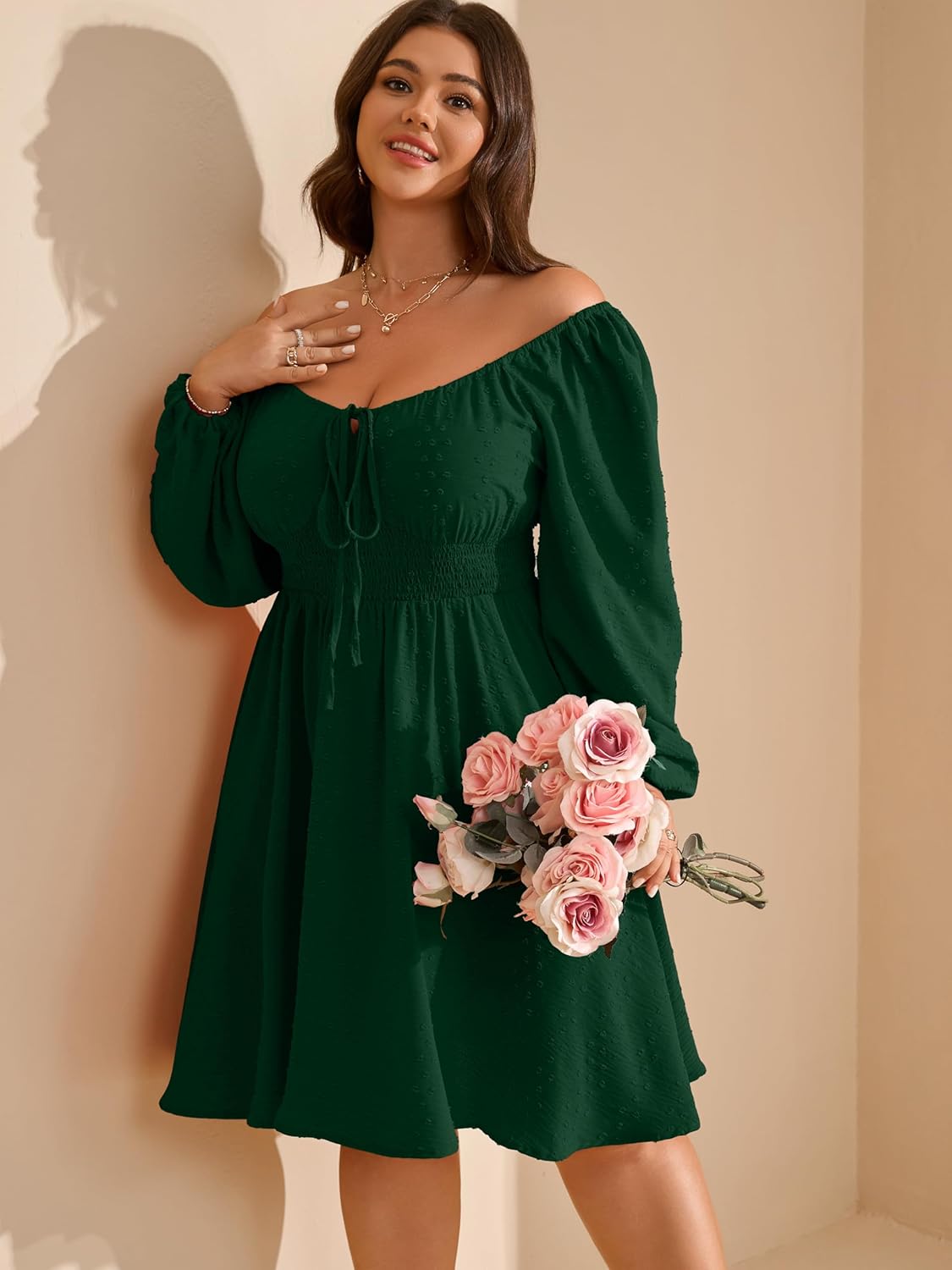 RWJ Women's 2025 Fall Wedding Guest Dresses Long Sleeve Smocked Square Neck Swiss Dot Party Plus Size Mini Dress - Image 2