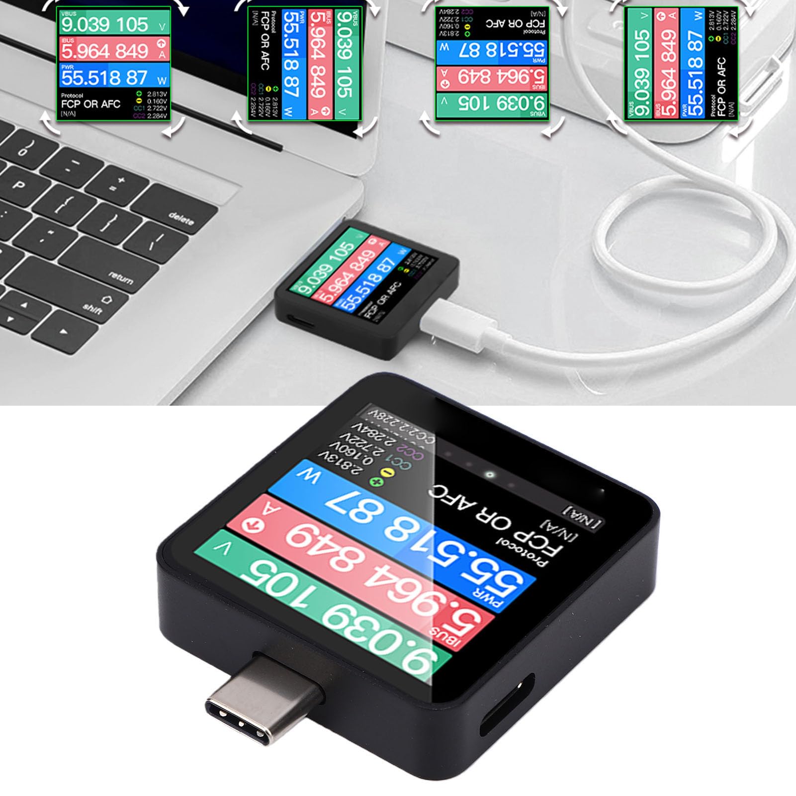 ASHATA Tester Szybkiego ładowania USB C Precyzyjny Miernik Napięcia i Prądu z Wyświetlaczem IPS dla Profesjonalistów 1 Jednostka ze Stopu Aluminium
