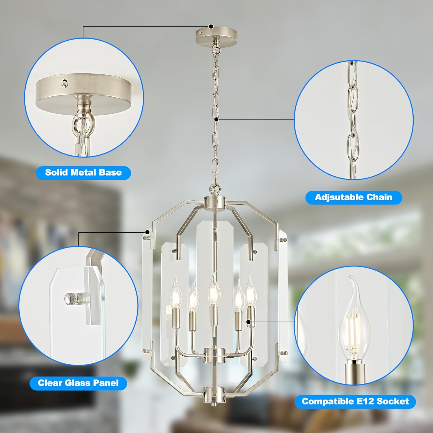 OKELI Brushed Nickel Lantern Chandelier 5-Light, 15.7" Farmhouse Dining Room Light Fixture with Glass Panels, Adjustable Hanging Pendant Light for Entryway Kitchen Island E12
