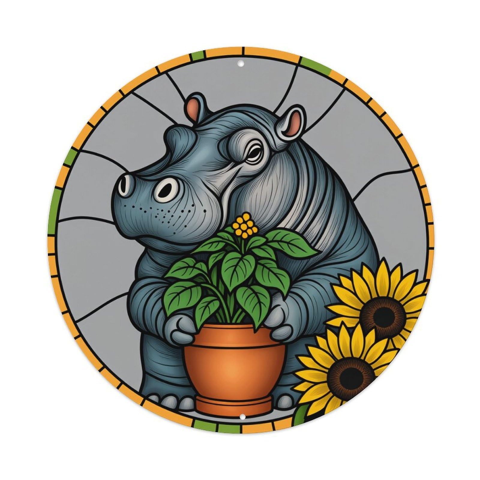 Hippo Holding Plant Sunflowers Circle Round Tin Sign Vintage Metal Poster Retro Bar, Home, Man Cave, Kitchen, Laundry Room Wall Art Decor Gift 8x8In