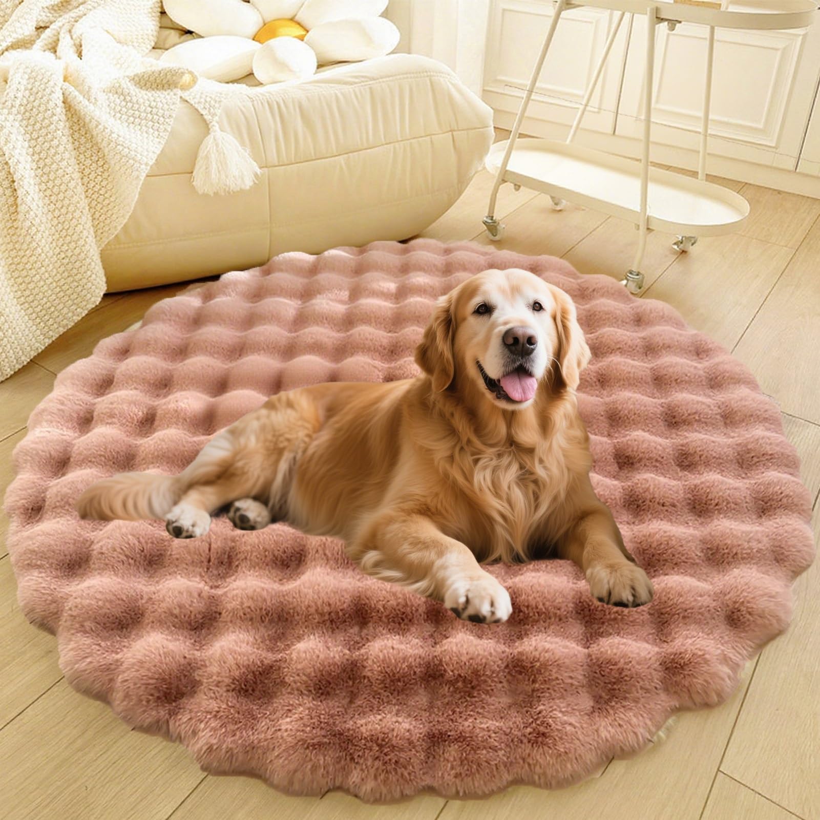 Divano per Cani E Gatti Con Fondo Antiscivolo, Tappeto Rotondo Lavabile, Moderno Letto A Pelo Lungo Da Posizionare Accanto Al Pavimento, Tappetino per Soggiorno(Pink,43in)