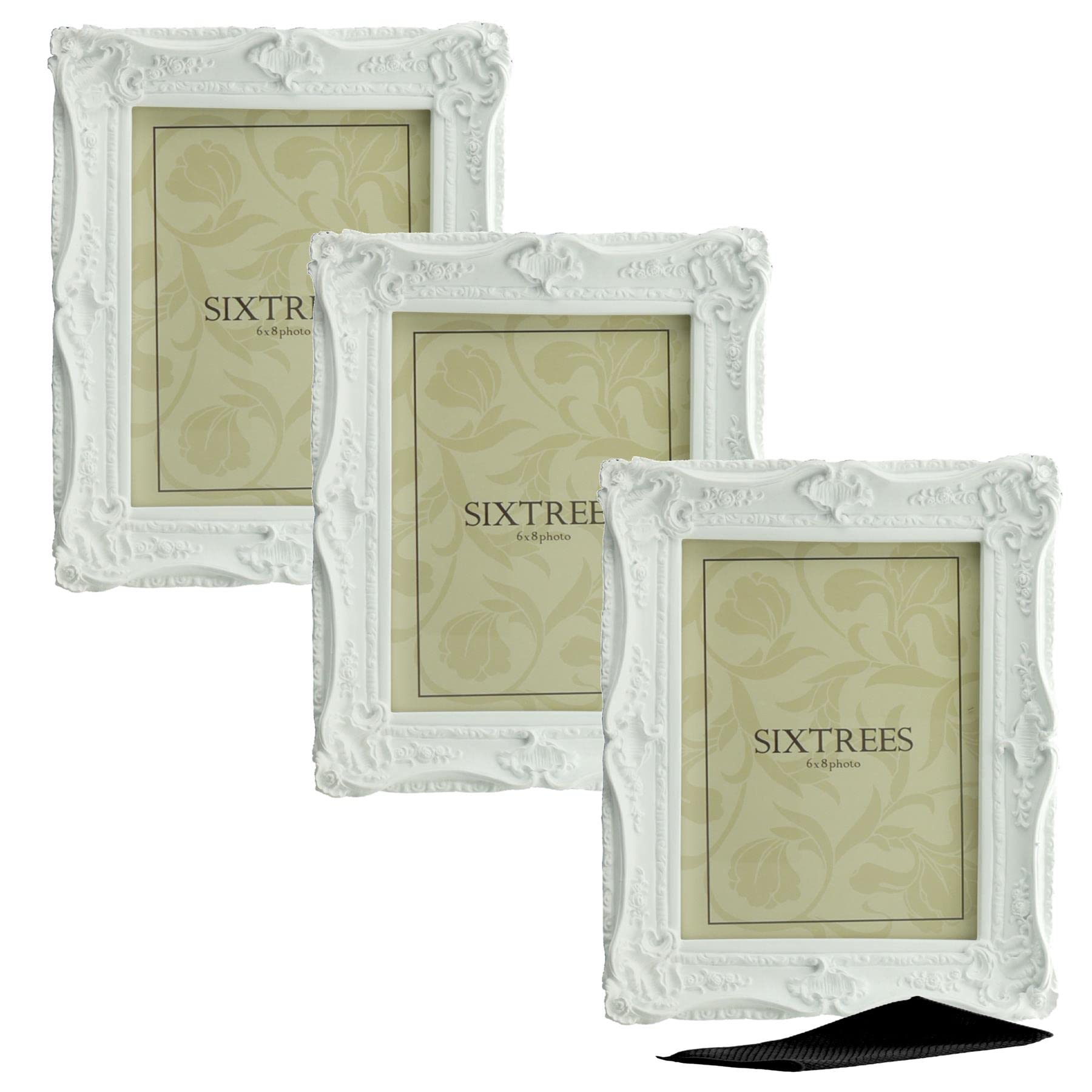 A Triplepack of Sixtrees Chelsea 5-254-68 Ornate Vintage Swept Shabby Chic White 8x6 inch Photo frames - with Microfibre glass cleaning cloth.
