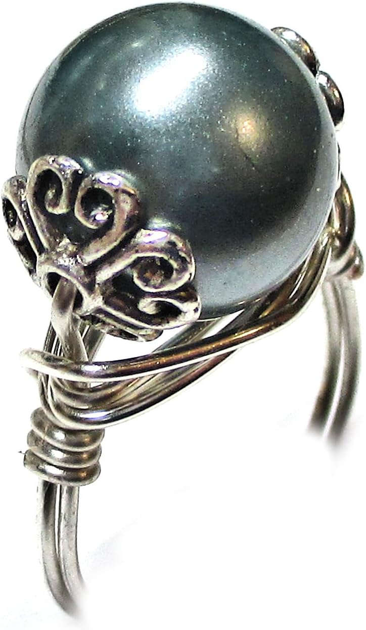 Slate Gray Shell Pearl Handmade Copper-Gold-Silver Solitaire Wire Wrap Womens Ring Jewelry Gift for Her Hand-Crafter in USA