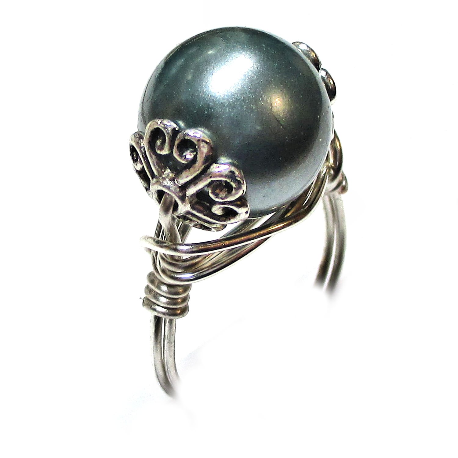 Slate Gray Shell Pearl Handmade Copper-Gold-Silver Solitaire Wire Wrap Womens Ring Jewelry Gift for Her Hand-Crafter in USA