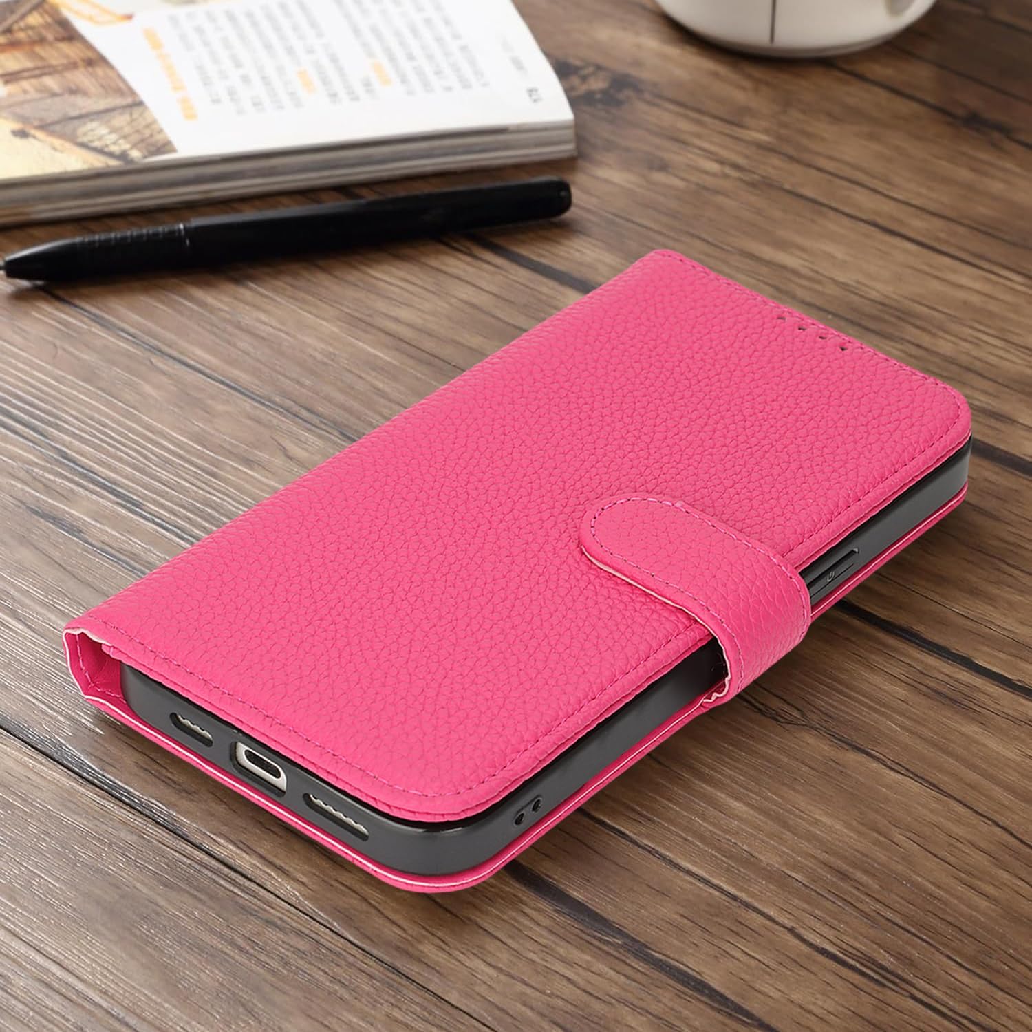 Zouzt for iPhone 13 Pro Max/12 Pro Max 6.7" Genuine Leather Wallet Case with 4 Card Slot, RFID Blocking Magnetic Flip Folio Shockproof Cover Women Men for iPhone 13 Pro Max/12 Pro Max - Rose Red - Image 5