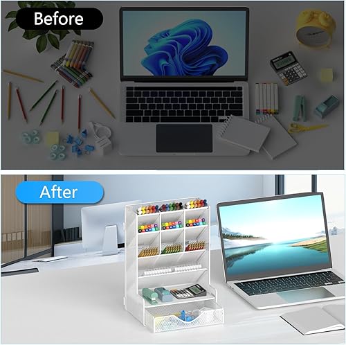 Miniatura 3 de Organizador de bolígrafos para escritorio, organizador de escritorio multifuncional, soporte de pared para bolígrafos con cajón para la escuela,