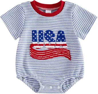 4th of July Baby Boy Outfit - Newborn Infant Waffle Short Sleeve Bubble Romper