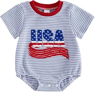Rourufy Baby Boy 4th Of July Outfit Waffle Bubble Romper Short Sleeve Onesie Summer Newborn Infant Memorial Day Clothes (A USA Blue, 6-12 Months)