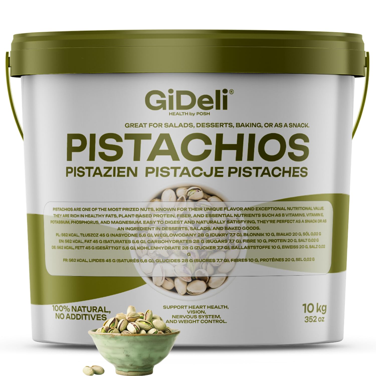 GiDeli Pistazien 10 kg im Eimer - Geröstet und Gesalzen - Nüsse mit Schale als Gesunde Snacks für Partys - Ideale zum Backen, Gerichte, Creme und Desserts
