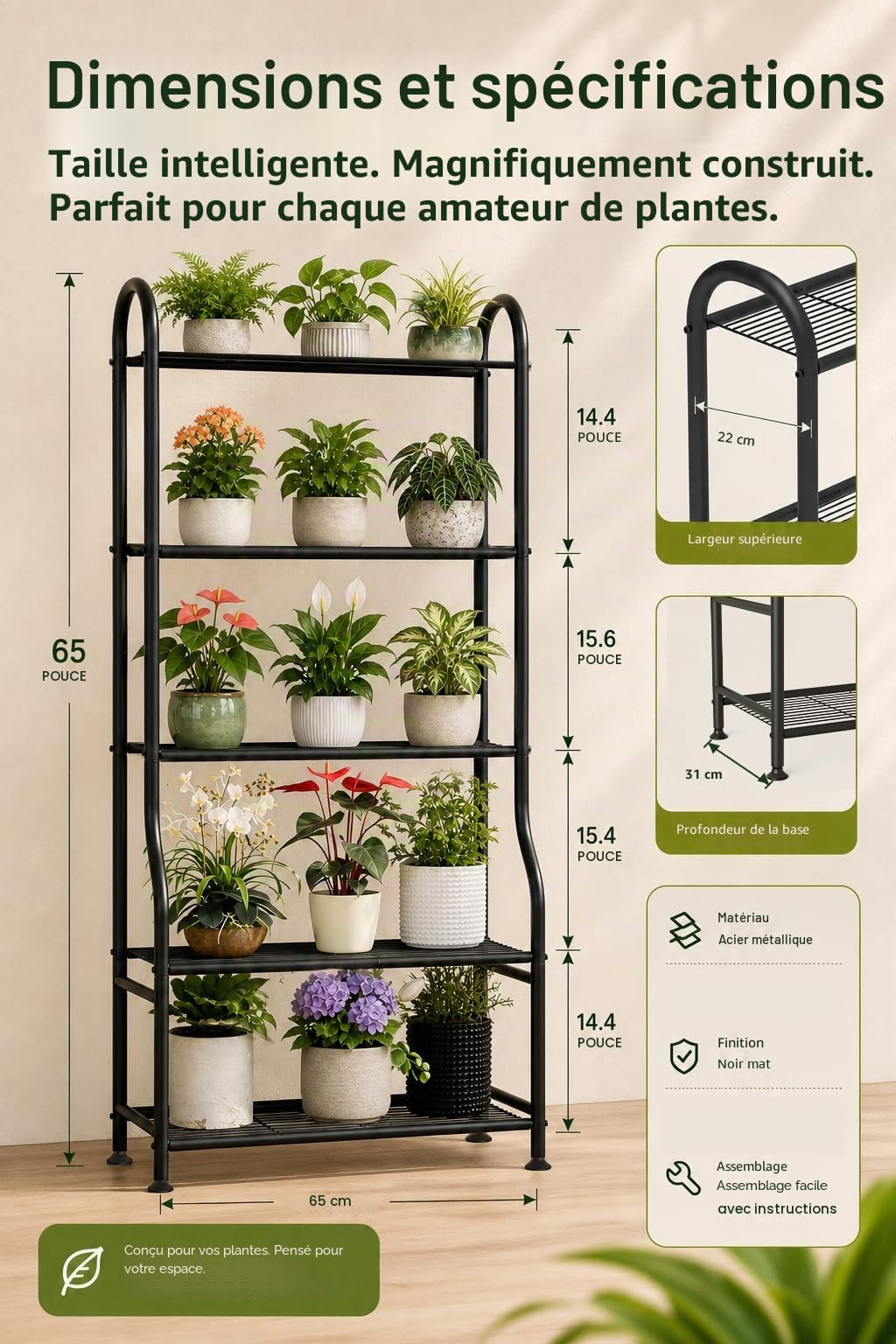Support en métal pour plantes 5 niveaux 165 cm étagère verticale robuste avec pieds réglables