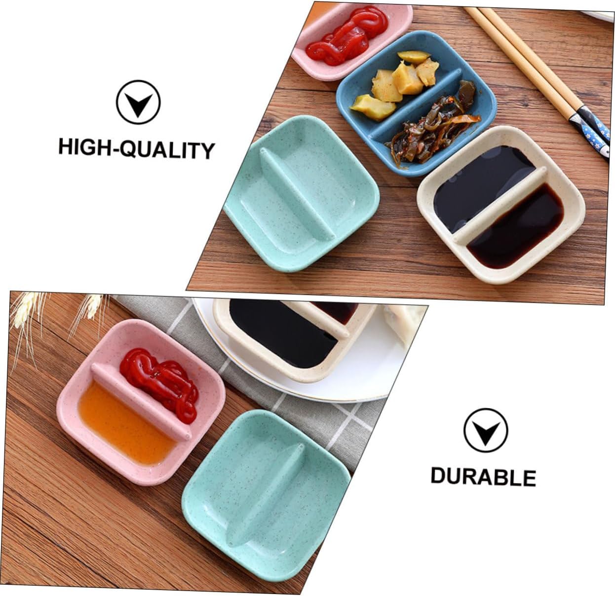 COLLBATH 20pcs Wheat Straw Condiment Dish with Two Compartments Multi-purpose Sauce Plates for Dipping Side Dishes and Seasoning for Home Parties and Restaurants
