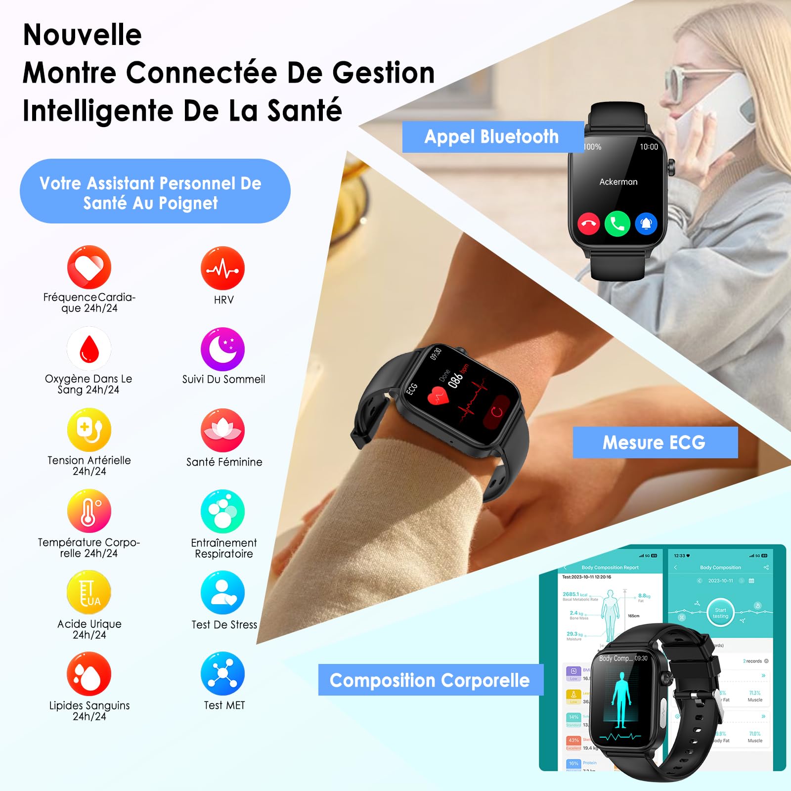 Marsyu 2026 Montre Connectée Santé avec ECG/HRV/Pression Artérielle/Sommeil