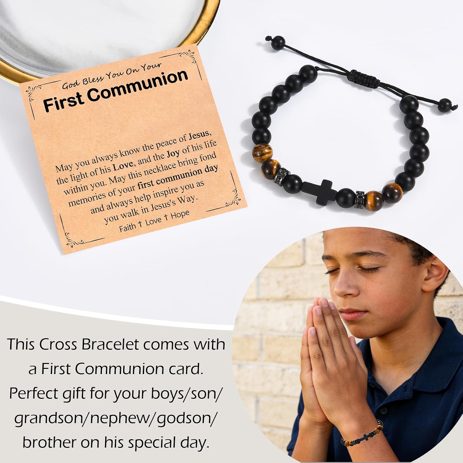 Cross Bracelet for Boys, Easter Basket Stuffers Baptism Confirmation First Communion Gifts for Boys Kids Teens Men, Adjustable Cross Beaded Bracelets Religious Christian Jewelry Gift Ideas