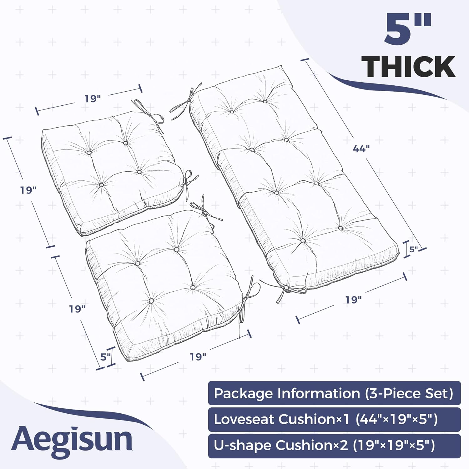 Wicker Chair Cushions of 3 Pieces, Waterproof Cushions for Patio Furniture, Tufted Wicker Outdoor Furniture Cushions, 1 Patio Loveseat Cushion and 2 U-Shaped Cushions, 44"x19"x5", Navy Blue