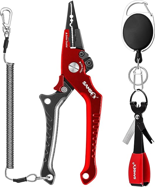 SAMSFX Aluminum Fishing Locking Pliers Saltwater Split Shot Ring Braid Cutter Hook Remover Pliers with Lanyard and Sheath, Quick Knot Tool Combo