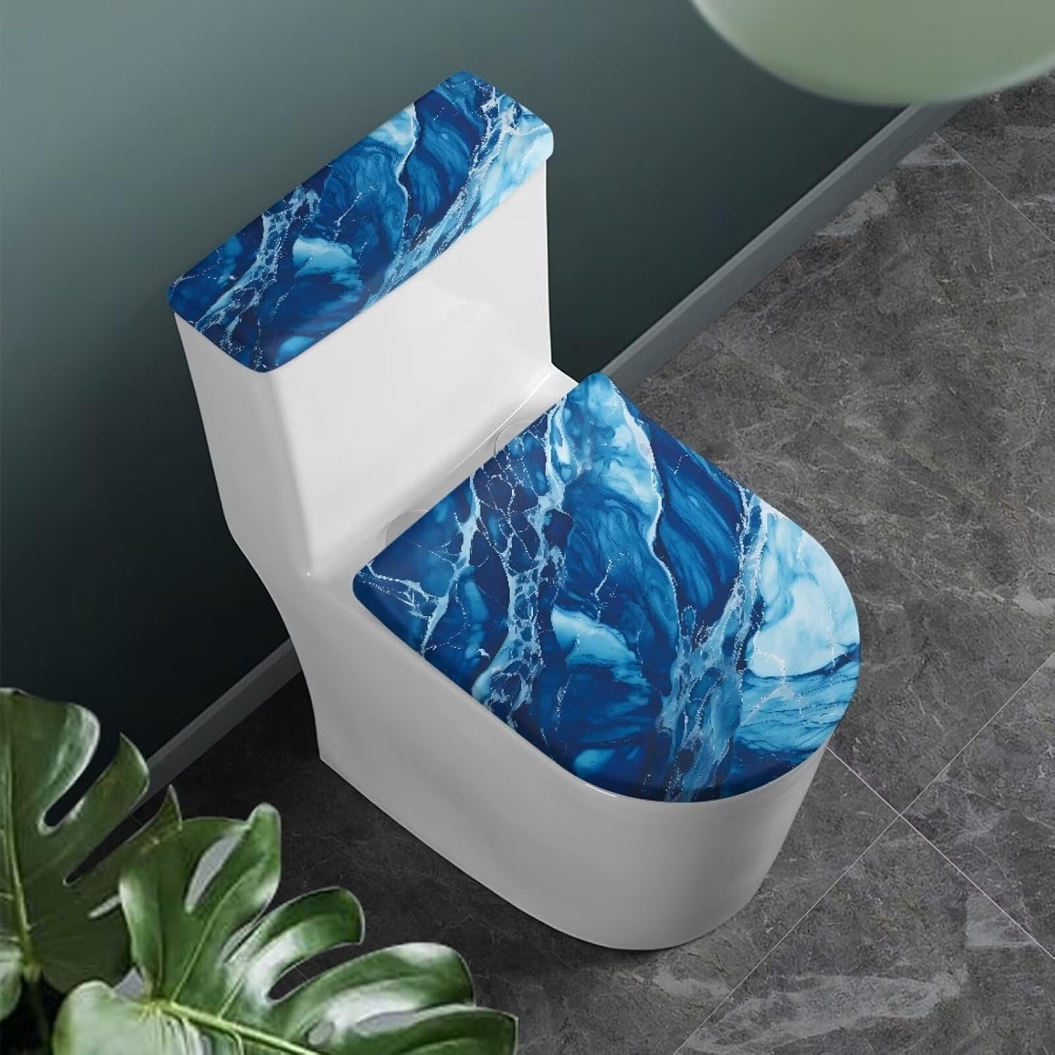 Polyester Toilet Lid Cover and Toilet Tank Lid Cover 2 Pcs, Durable Dust Cover with Elastic Edge Bathroom Decor Fit Most Round Elongated Oblong Lids, Dark Blue Marble Print