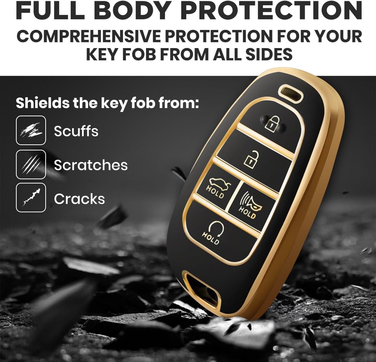 Lucrum Compatible with Hyundai Key Fob Cover & Leather Keychain, Keyfob Case for Santa Fe, Sonata, Tucson, Grandeur, Ioniq 5, Palisade, Nexo - For 5 Button Remote (2019-2025) - Black and Gold - Image 3