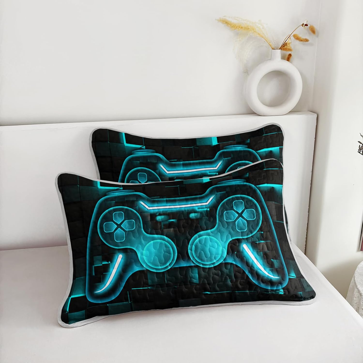 Axolotl Gamer Quilt Bedding Set King Size,Teal Blue Grid Print Bedspread Coverlet,3Pcs Game Console Bed Cover for Boys,Gaming Console Comforter,Gaming Controller Geometry Bedding Set for Adults Men