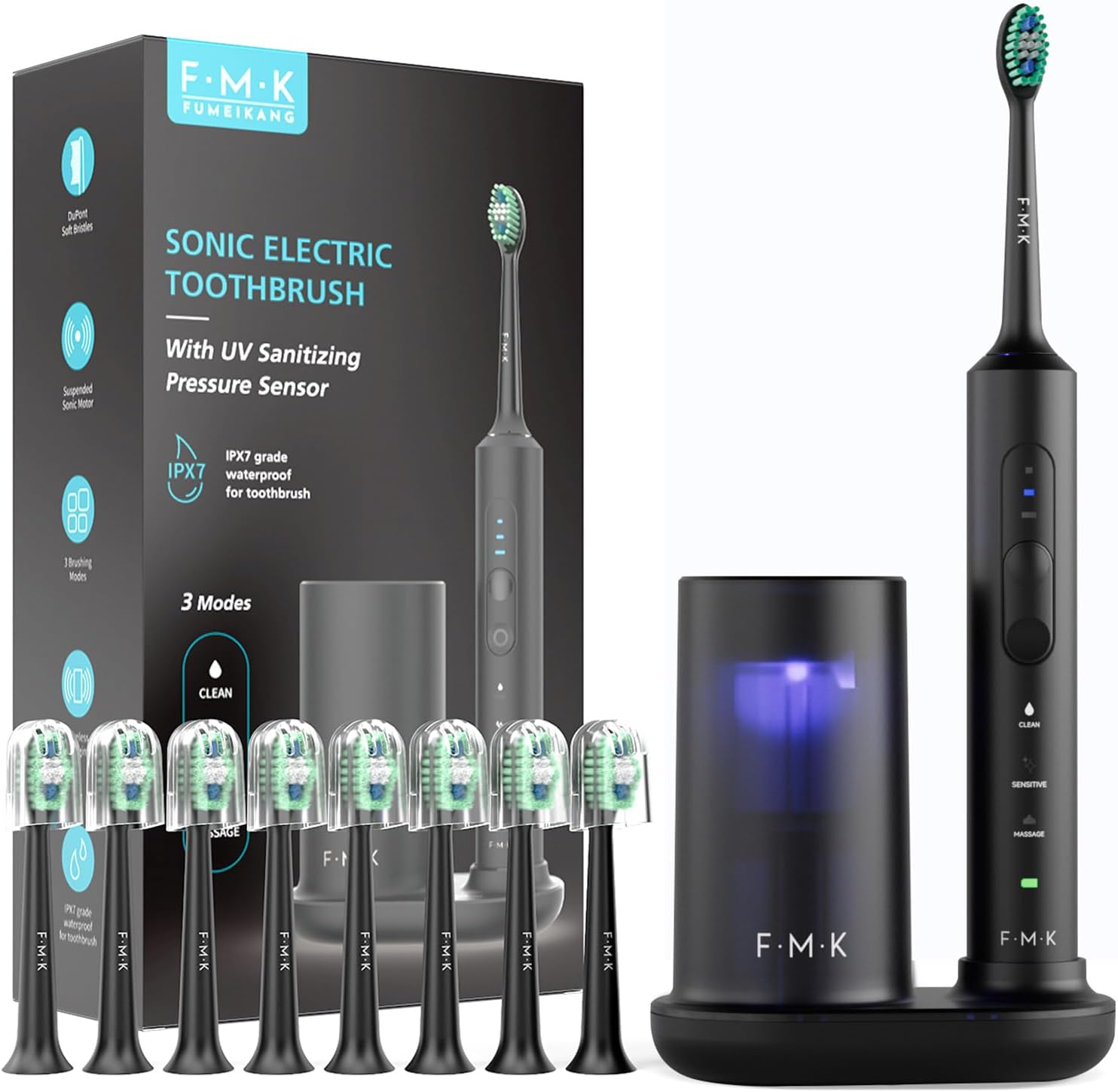 Electric Toothbrush for Adults with UV Cleaning, Drying Holder, Pressure Sensor, Smart Timer, Adult Electric Toothbrush Rechargeable Battery, 8 Replacement Brush Heads