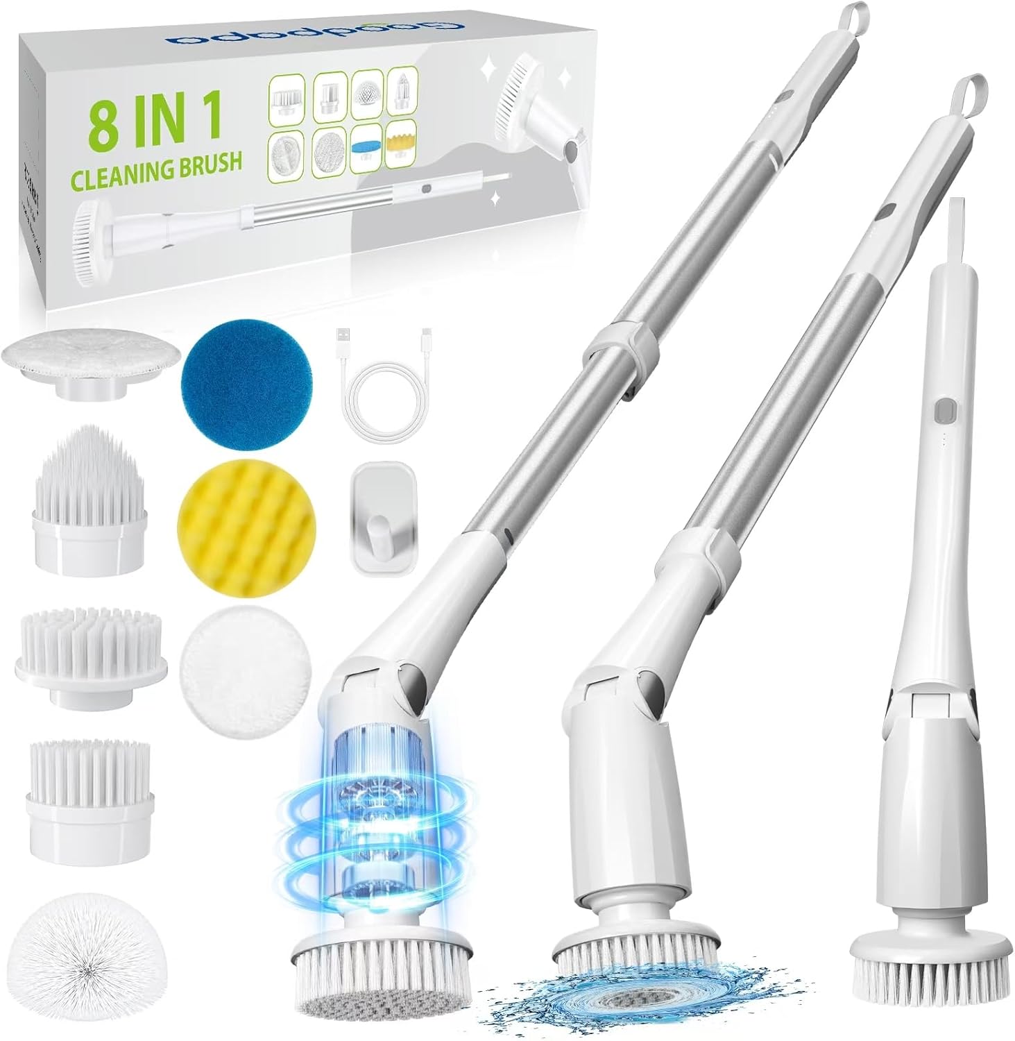 Limpiador eléctrico giratorio, cepillo de limpieza inalámbrico con 8 cepillos limpiadores reemplazables, limpiador de ducha eléctrico con mango