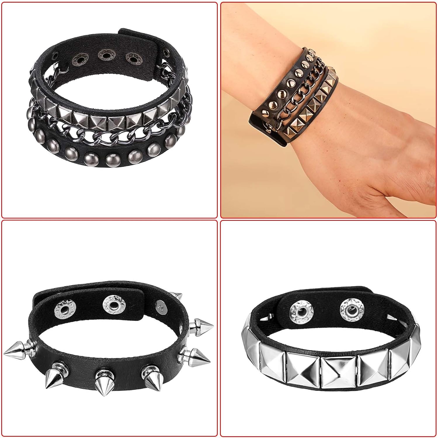 Punk Studded Bracelet 4 Pcs Black Leather Spiked Bracelet Cuff Punk Rock Rivet Cuff Emo Bracelets Wrap Bangle Snap Button Metal Wristband Emo Accessories for Men Women