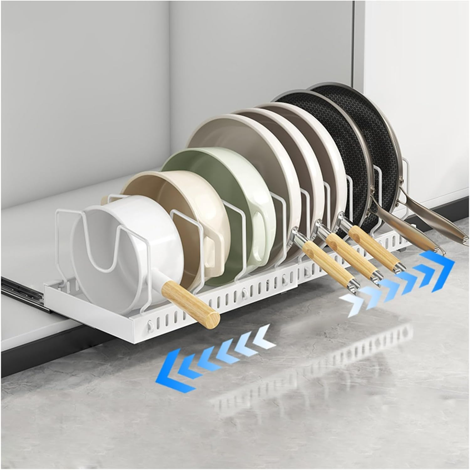 Expandable Pot and Pan Under Cabinet, Sliding Lid Holder Rack with 10 Adjustable Dividers, Pull-Out Cabinet Dish Drainers, 16.5-20.8" Depth, Black, 2-Pack，White b 2Pack