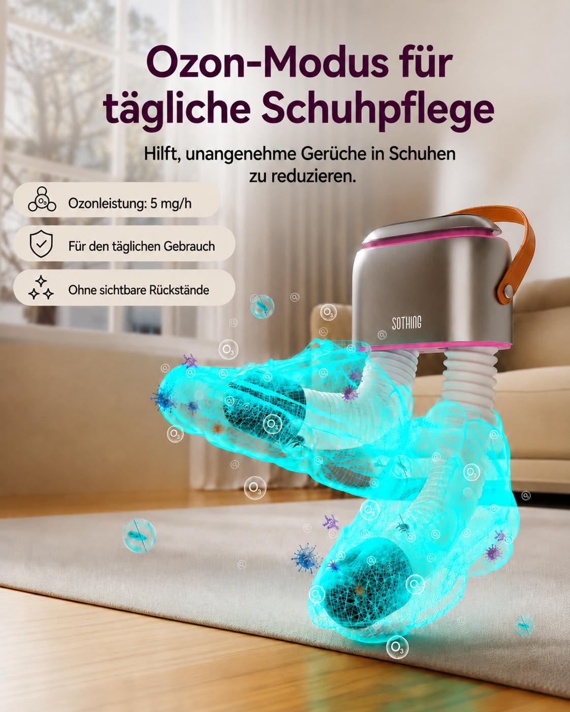 SOTHING Kofferraumtrockner, tragbarer Schuhtrockner für Sneaker, Ozon-Deodorierer, einziehbare Schläuche, 95 W Schnelltrocknung, 3 Heizstufen, LED-Touchpanel, 1-9H Timer, für Arbeitsstiefel, Rosenrot