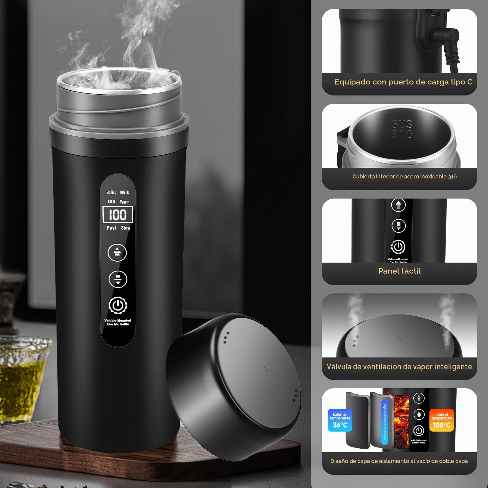 Hervidor eléctrico para coche de 12V/24V, pequeño hervidor de agua eléctrico para viajes, hervidor de agua portátil de 500ml para preparar café y té, pantalla LCD, taza calefactora para auto(Black)