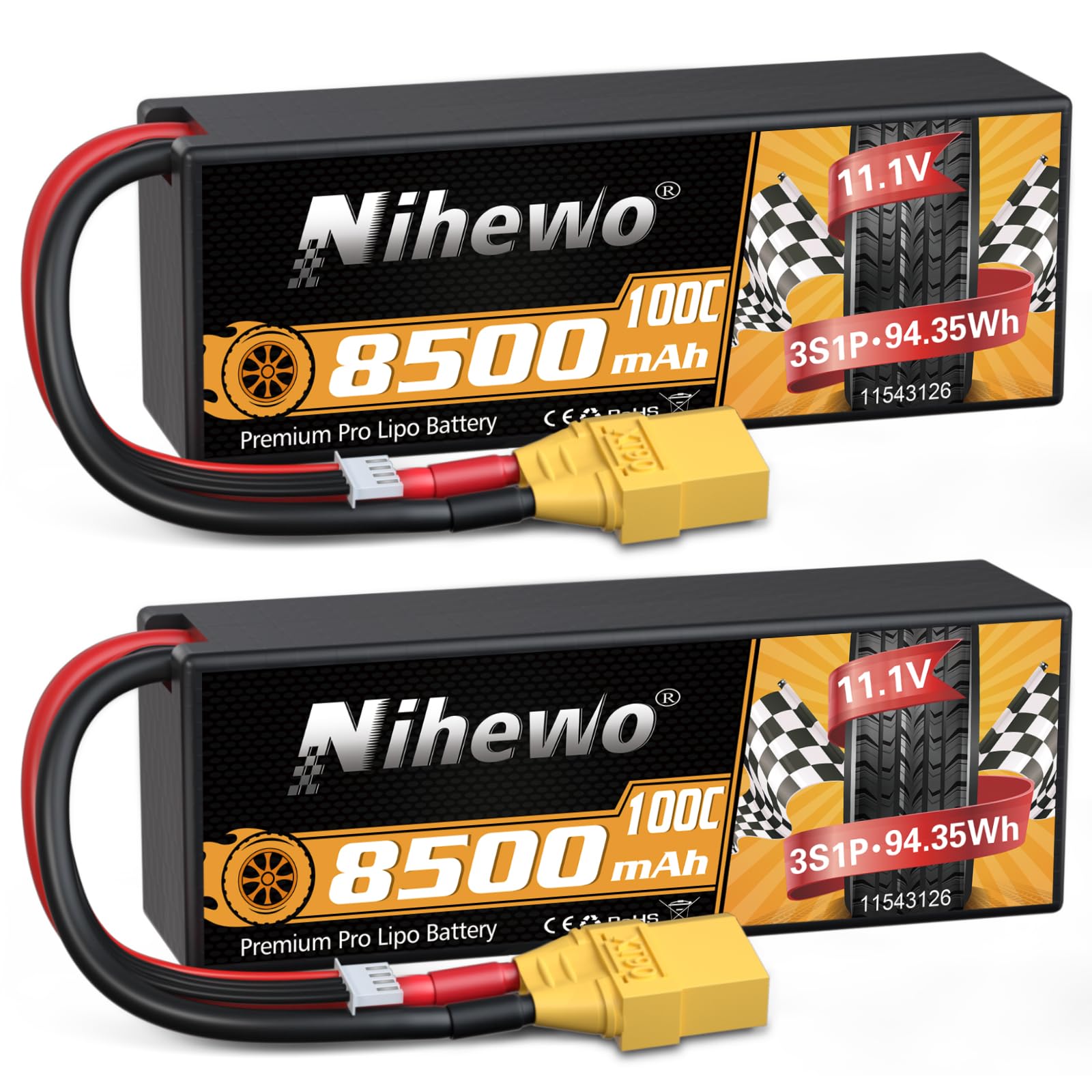 Nihewo 3S Lipo Battery 8500mAh 11.1V Lipo Battery 100C Hard Case with XT90 Connector Compatible with Arrma Axial 1/8 1/10 Scale RC Vehicle Car Truck Buggy Drone Boat RC Models (2Packs)