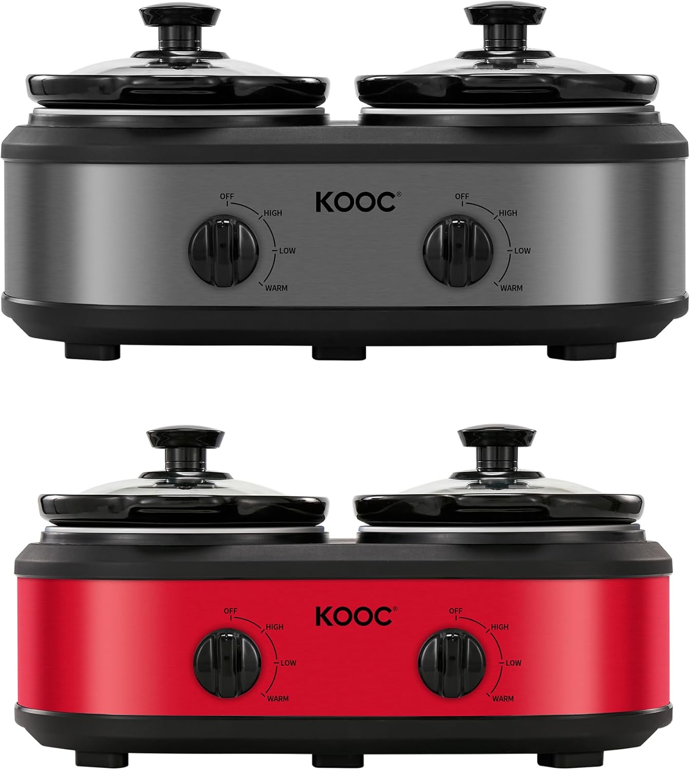KOOC Double Small Slow Cooker 2 Pots Total 2.5 Quarts Grey and Red